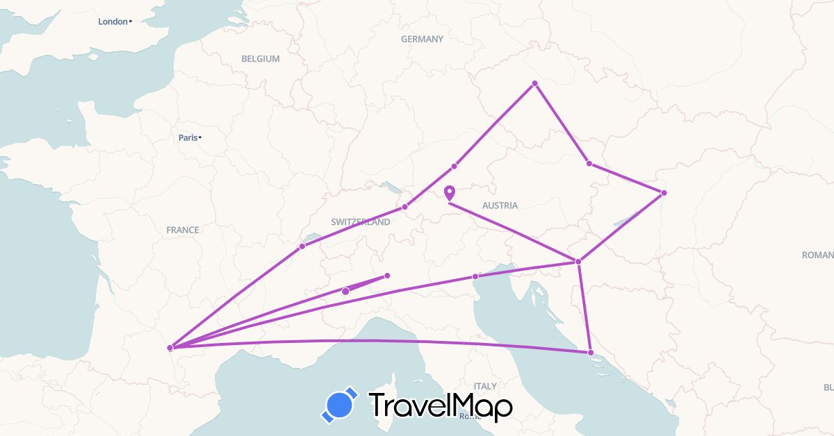 TravelMap itinerary: train in Austria, Switzerland, Czech Republic, Germany, France, Croatia, Hungary, Italy (Europe)